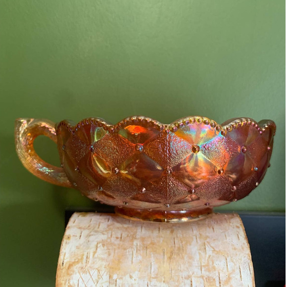 Imperial Other - Antique Imperial Marigold Carnival Glass Pansy Handled Bonbon Dish